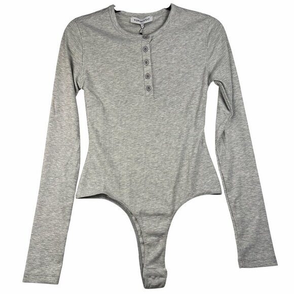 WeWoreWhat Womens Henley Bodysuit Gray Sz M Ribbed Long-Sleeve Comfy Stretch NWT - Picture 9 of 11